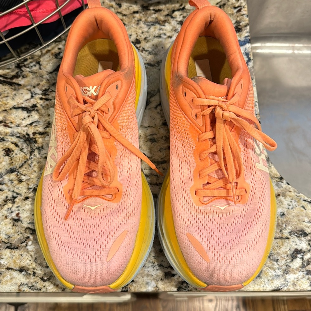 COPY - COPY - Hoka Bondi 8 - light orange with yellow and light blue accents - …